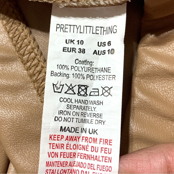 Pretty Little Thing Tan Faux Leather High Waist Pants Hemline Slits Sz 6 - Picture 12 of 12